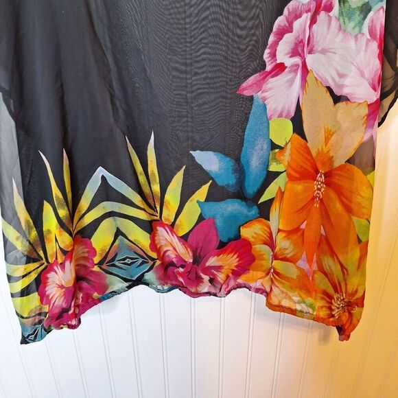 Maurice’s Size 3 US 24/26 Pullover Blouson Top Sheer Black Floral Cold Shoulder - Picture 8 of 14